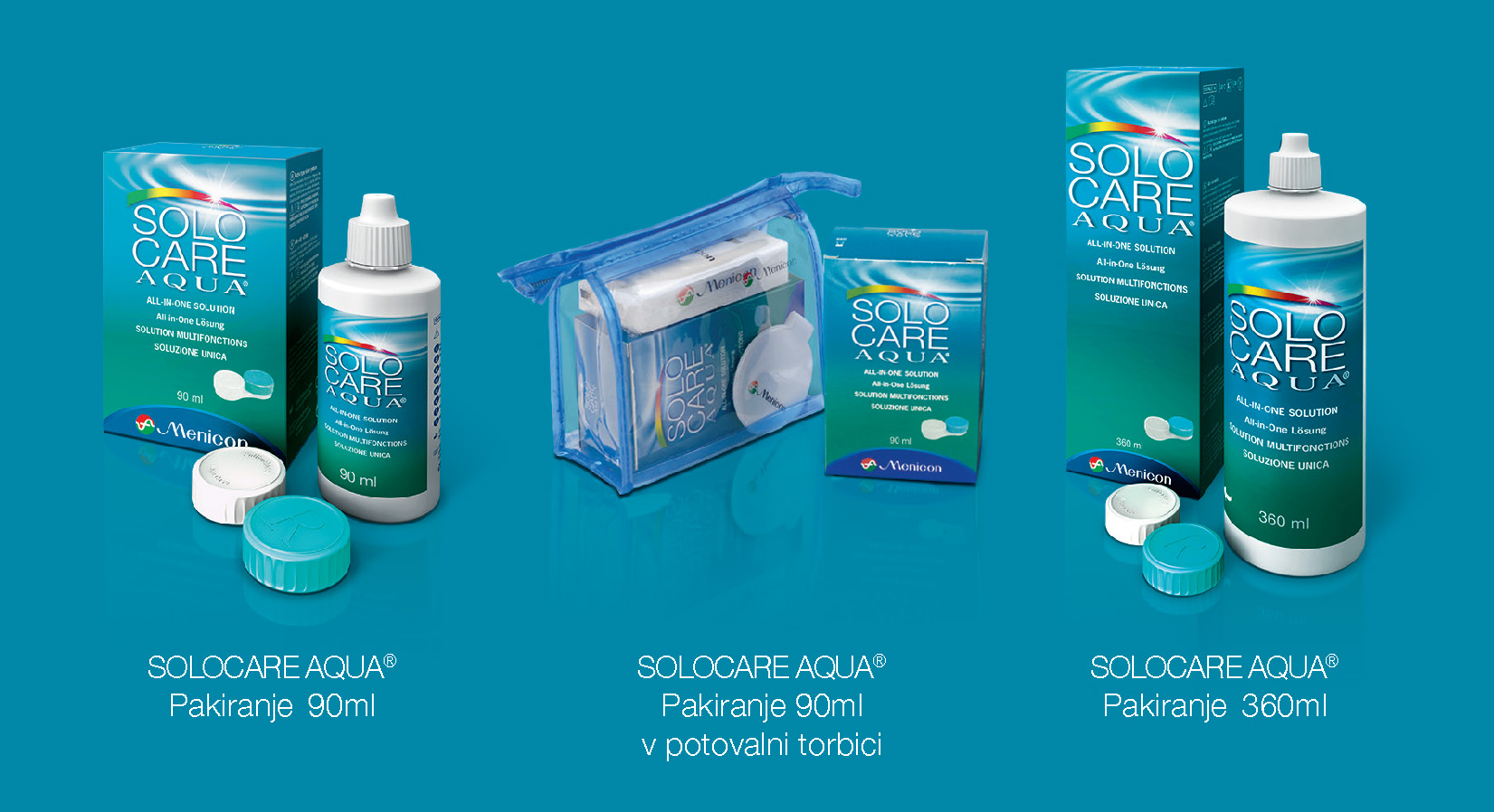 Različna pakiranja tekočine za leče Solocare Aqua